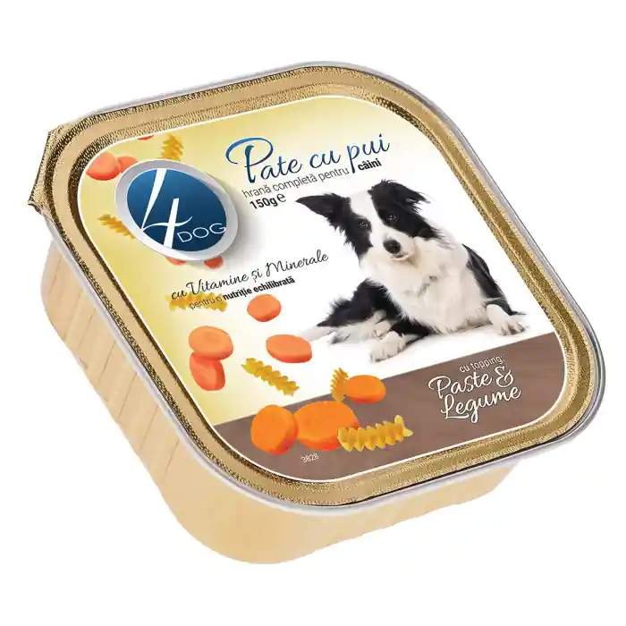 Super ofertă 4Dog Pate, Pui cu Topping de Paste si Legume, Hrana umeda pentru caini adulti, 150g