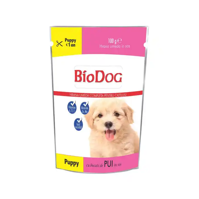 Biodog, Puppy, Plic cu Pui in sos, Hrana umeda pentru caini, 100g Retur gratuit