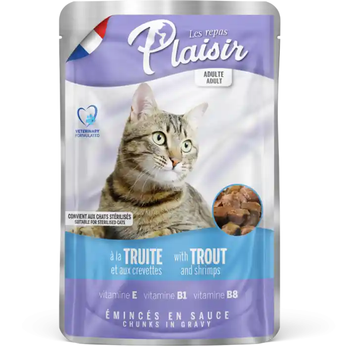 Ieftin PLAISIR, Plic cu Pastrav si Creveti, Hrana umeda pentru pisici Sterilizate, 100g